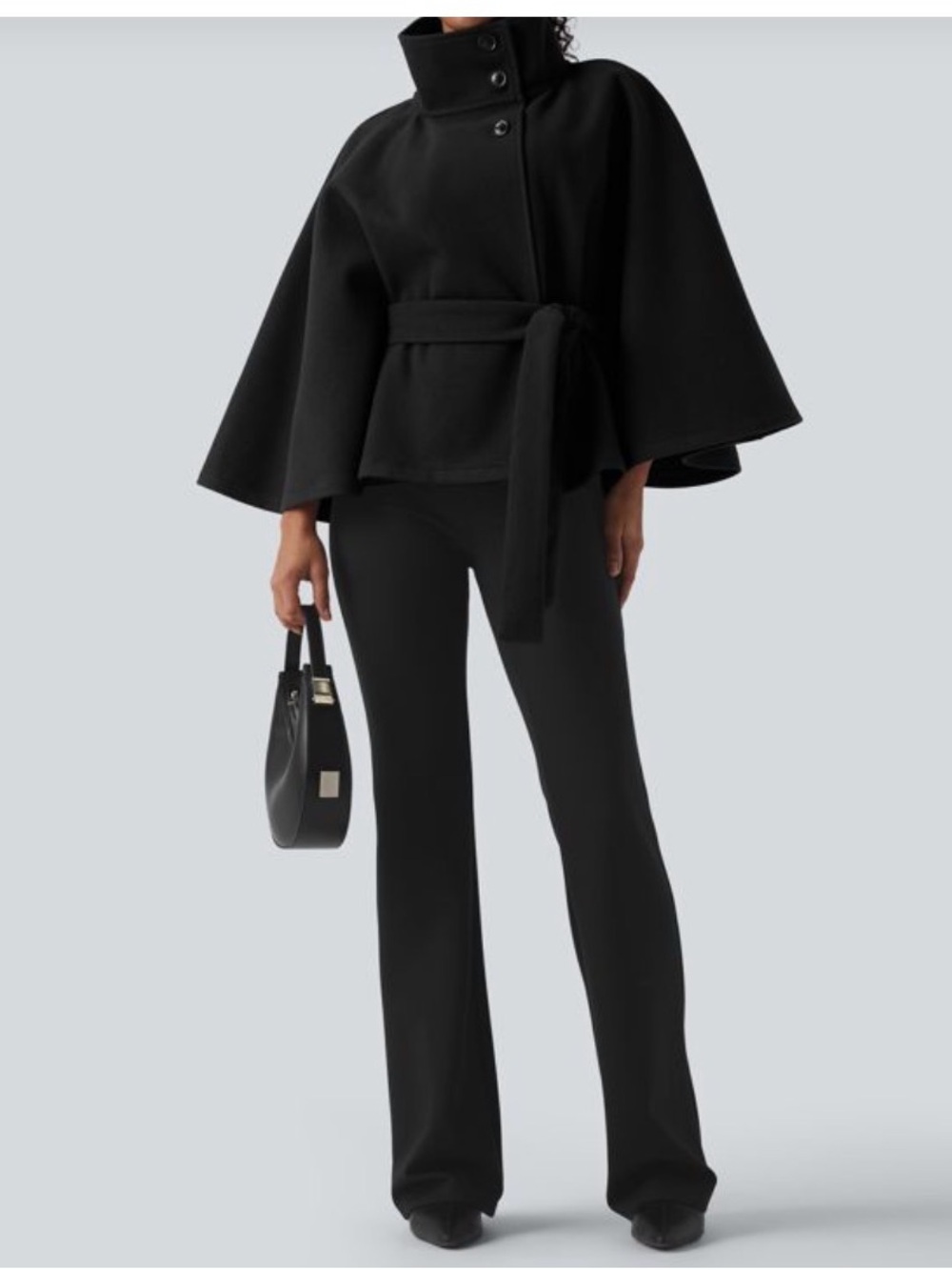 Black Women's Wide-Sleeve Belted Cape Jacket
